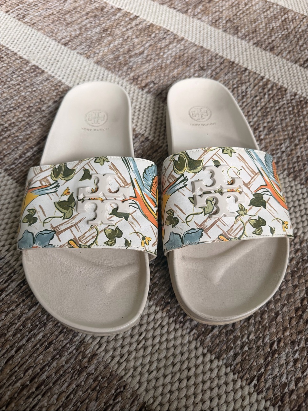 Tory Burch Cream Floral Print Slide Sandals